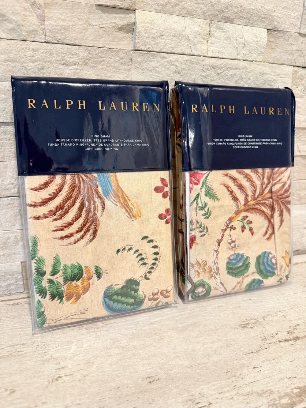 RALPH LAUREN Maren Set Of 2 King Cotton Pillow Shams Natural Tropical Print $370